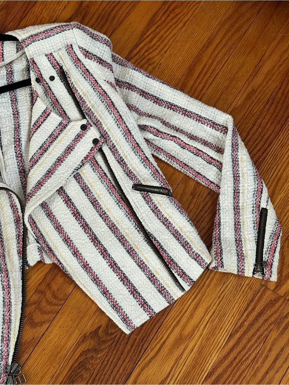 Veronica Beard Bouclé Moto Blazer Jacket Size 6 White Stripe Tweed - Picture 5 of 5